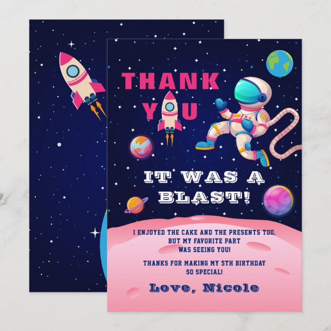 Earth Rymden Party Rosa Astronaut Galaxy Tack Kort (Fram/baksida)