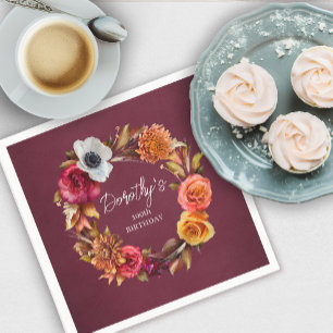Earth Tone Burgundy Fall Flowers 100:e födelsedage Pappersservett