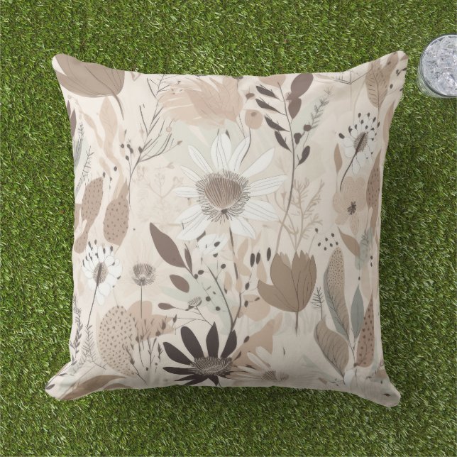 Earth Tone Floral Brown Cream Sage Throw Pillow  Kudde (Gräs)