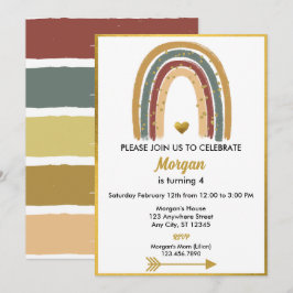 Earth Tone Golden Glitter Boho Rainbow Birthday Inbjudningar