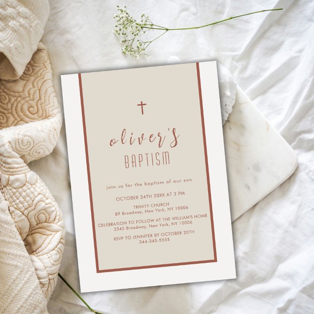 Earth Tone Modern Kor Christening Boy Baptism Inbjudningar (Earth Tone Modern Cross Christening Boy Baptism Invitation)