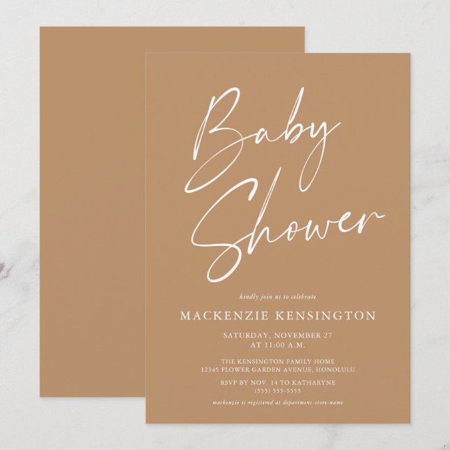 Earth Tone Modern Minimalist Script Baby Shower Inbjudningar (Fram/baksida)