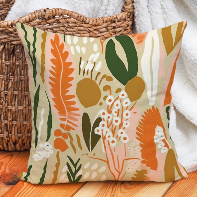 Earth Tone Oliv grönt Terra Cotta Orange Abstrakt Kudde (Brown, orange, and green abstract decorator pillow)