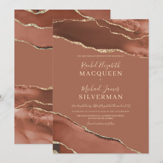 Earth Tone Terracotta Guld Agate Marble Bröllop Inbjudningar (Fram/baksida)