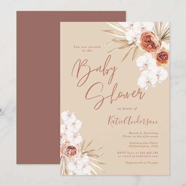 Earth Toned Pampas Grass Boho Baby Shower Inbjudningar (Fram/baksida)
