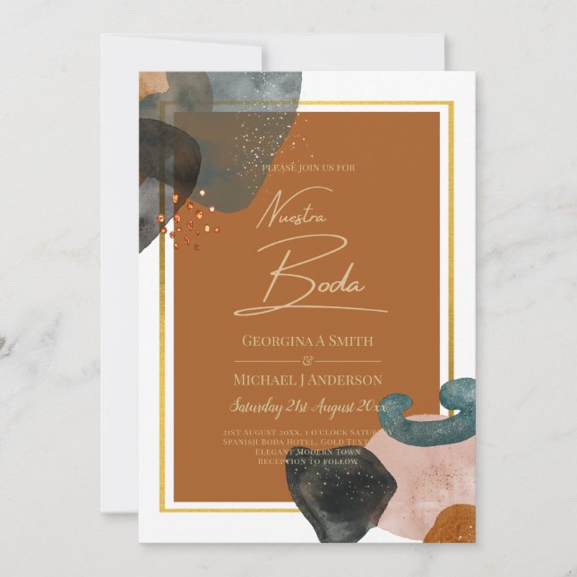 Earth Tones Bröllop Terracotta Grönt Guld Abstrakt Inbjudningar (Framsida)