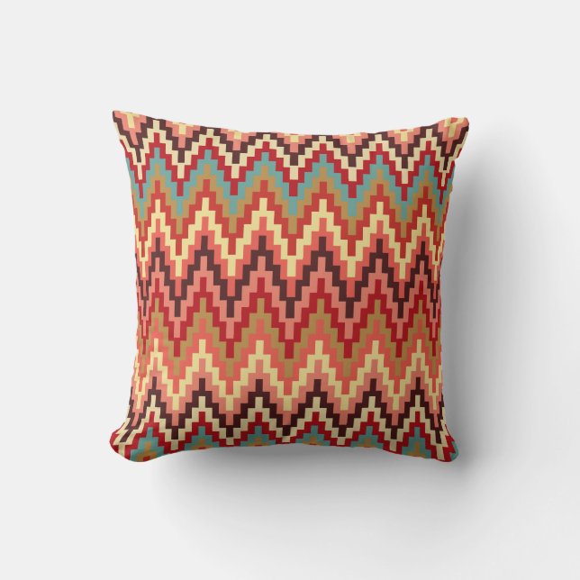Earth Tones Ikat Chevron Zig Zag Rand Mönster Kudde (Framsida)