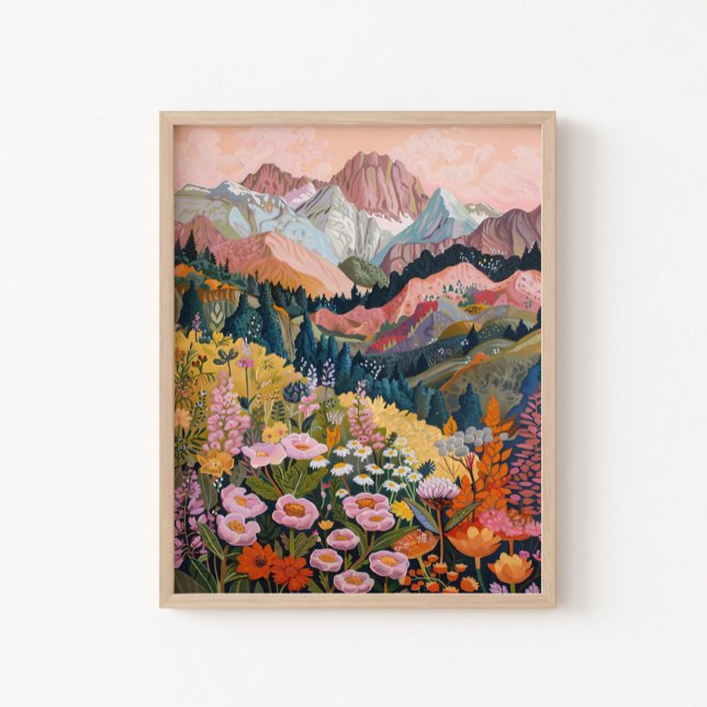 Earth Tones Mountain Wildblomma Painting 16 x 20 t Poster (Skapare uppladdad)