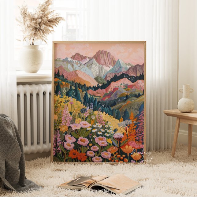 Earth Tones Mountain Wildblomma Painting 24x36 tum Poster (Skapare uppladdad)