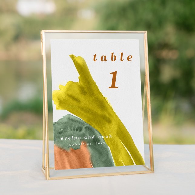 Earth Tones Watercolor Bordsnummer (Bright vibrant watercolor wash in earth tone colors wedding suite modern table number sign.)