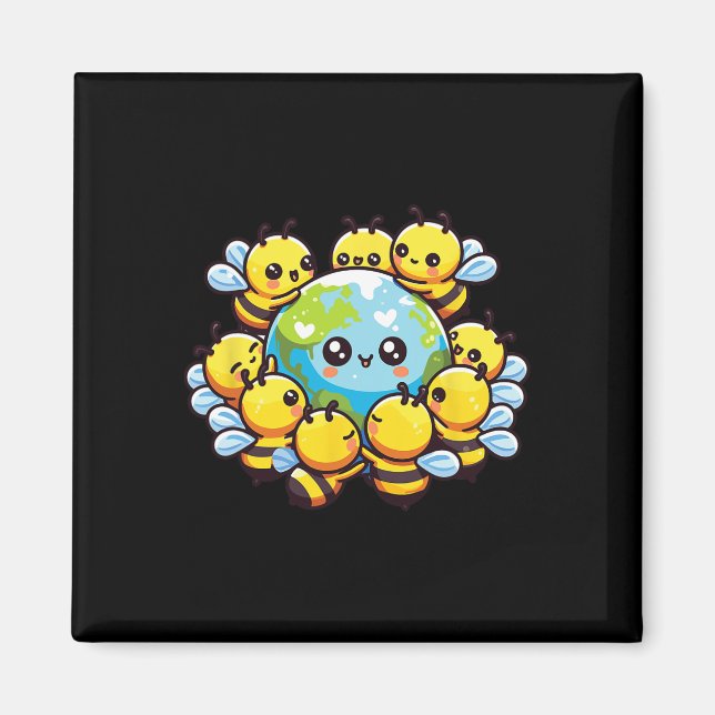 Earth World Globe Bee Kawaii Bees Magnet (Framsidan)