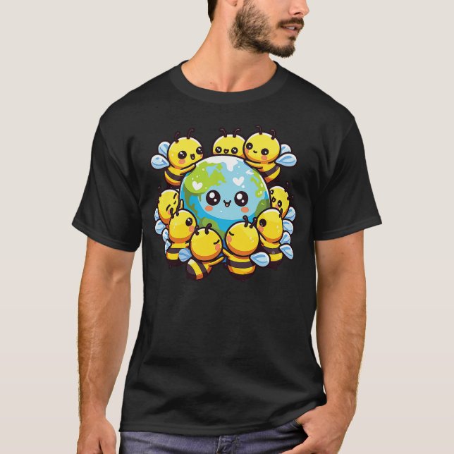 Earth World Globe Bee Kawaii Bees T Shirt (Framsida)