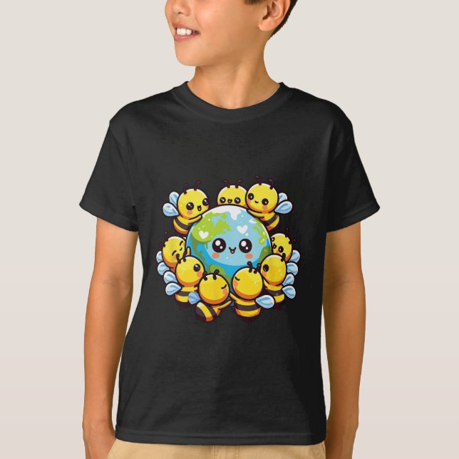 Earth World Globe Bee Kawaii Bees T Shirt (Framsida)