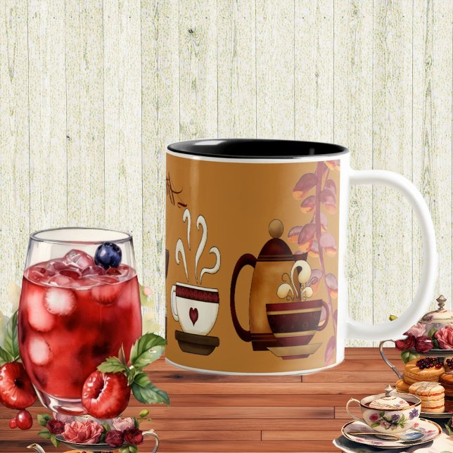 Earthen Brown Lera Tekanna eftermiddag High Tea Pa Två-Tonad Mugg (Earthen Brown Mud Teapot Afternoon High Tea Party Two-Tone Coffee Mug)