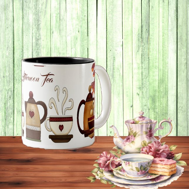 Earthen Brown Lera Tekanna eftermiddag High Tea Pa Två-Tonad Mugg (Earthen Brown Mud Teapot Afternoon High Tea Party Two-Tone Coffee Mug)