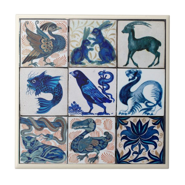 Earthen Ware Animals Blue White | Keramiska platto Kakelplatta (Framsidan)