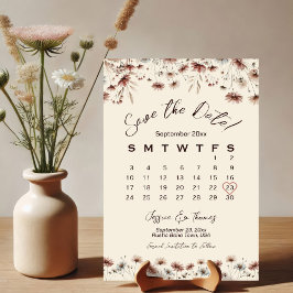 Earthtone Boho Chic Wildblommor Bröllop Calendar Spara Datumet