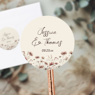 Earthtone Boho Wildblommor Couppes Namn Bröllop Runt Klistermärke