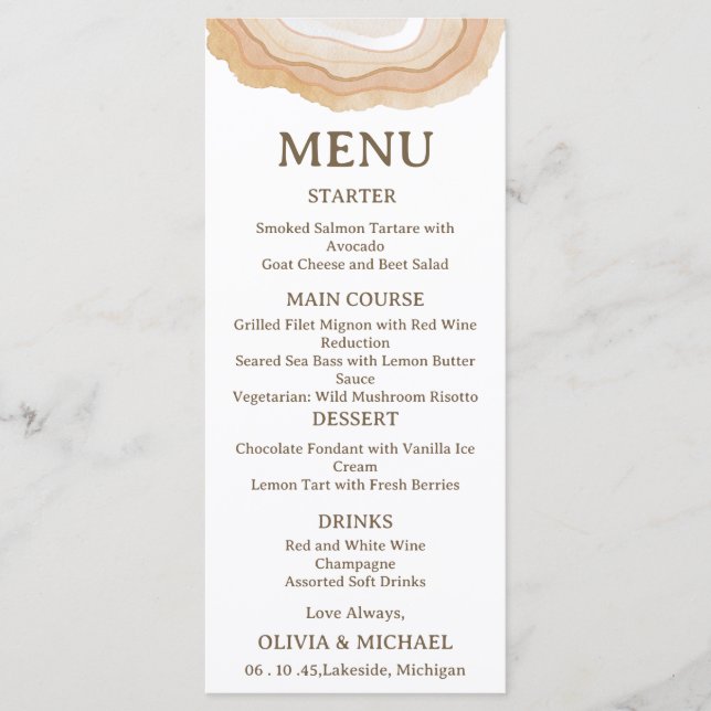 Earthy Abstract Watercolor Agate Wedding Menu Card Meny (Framsida)