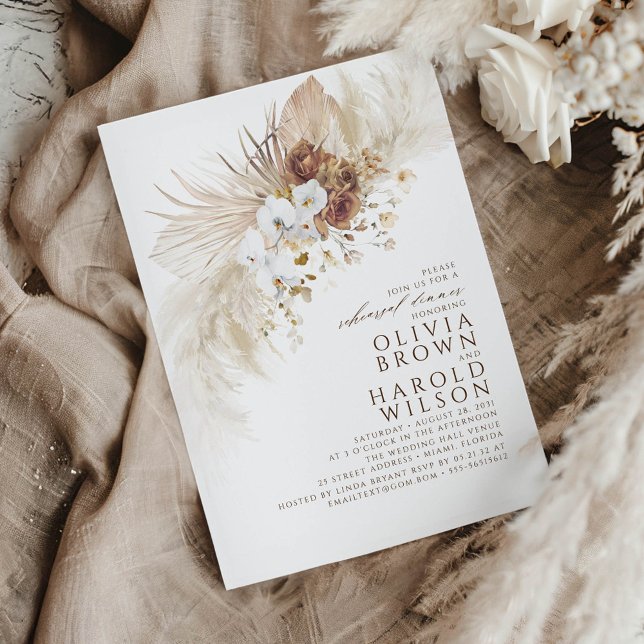 Earthy and White Flowers Boho Rehearsal Dinner Inbjudningar (Brown and White Floral Rehearsal Dinner Invitations)