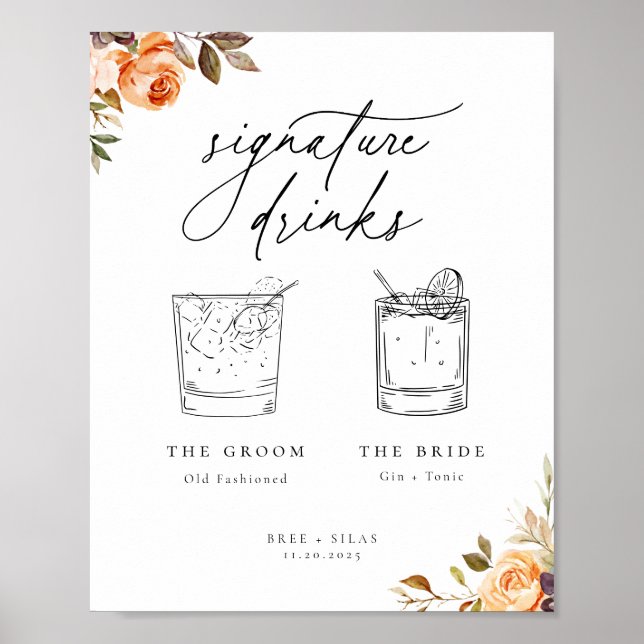 Earthy Autumn Floral Minimalist Signature Drinks Poster (Framsidan)