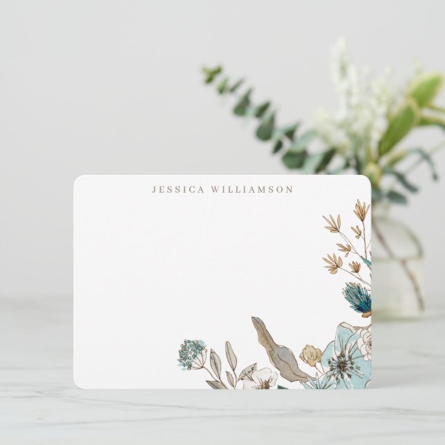 Earthy Blue Botanical Personlig Stationery Namn Anteckningskort (Stående Fram)