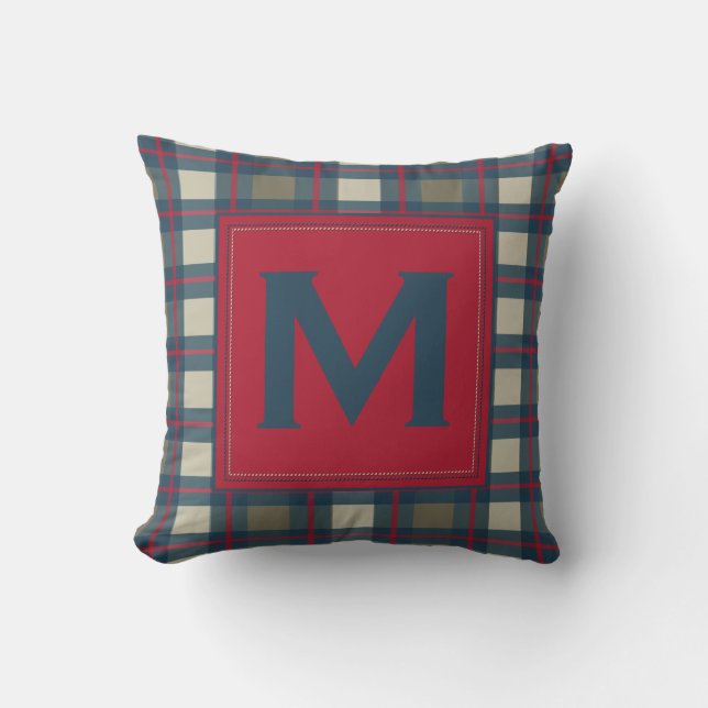 Earthy Blue Khaki Red Monogram Play Pillow Kudde (Framsida)