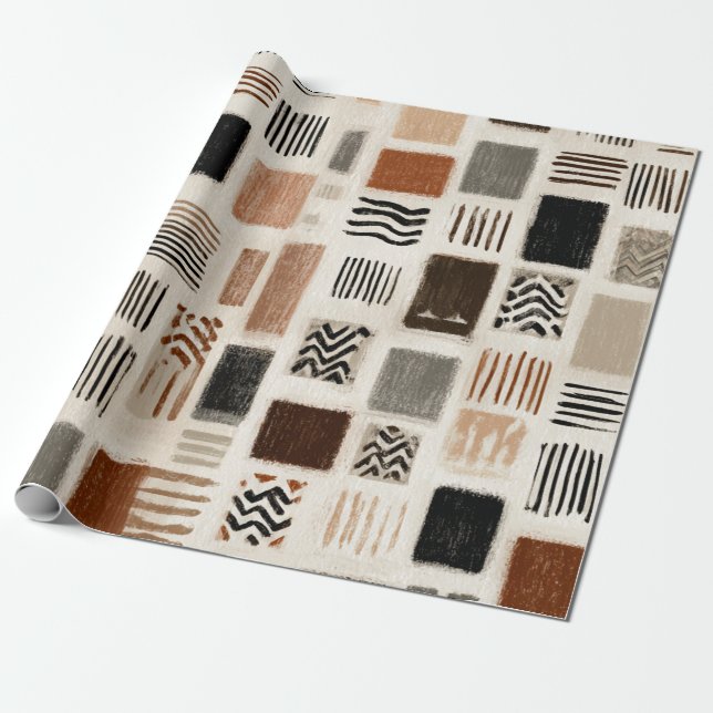 Earthy Boho Abstrakt Grid - Hand-Drawn Struktur Presentpapper (Utrullad)