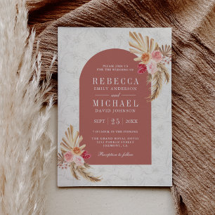 Earthy Boho Blommigt Pampas Cinnamon Ro Bröllop Inbjudningar