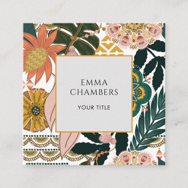 Earthy Boho Brown Black Tropical Blommigt Fyrkantigt Visitkort (Framsida)