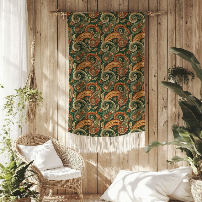 Earthy Boho Paisley Swirl Terracotta Mörk grönt Fleecefilt (Earthy Boho Paisley Swirl Terracotta Dark Green Fleece Blanket)