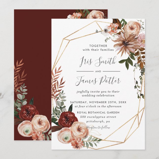 Earthy Burgundy  Orange Greenery Fall Wedding Inbjudningar (Fram/baksida)