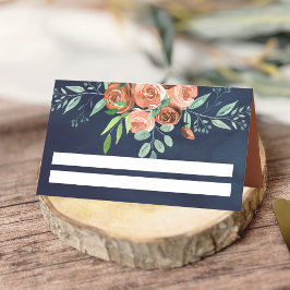Earthy Burkad Orange Ro Blommigt Navy Blue Bröllop Placeringskort