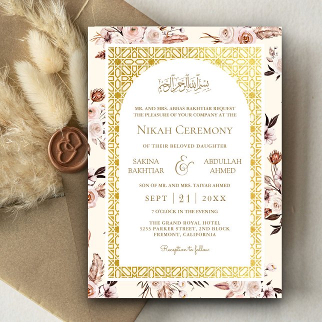 Earthy Cream Blommigt Guld Mönster muslimsk Bröllo Inbjudningar (Skapare uppladdad)