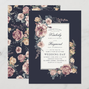 Earthy Dusty Ro och Navy Blue Blommigt Bröllop Inbjudningar