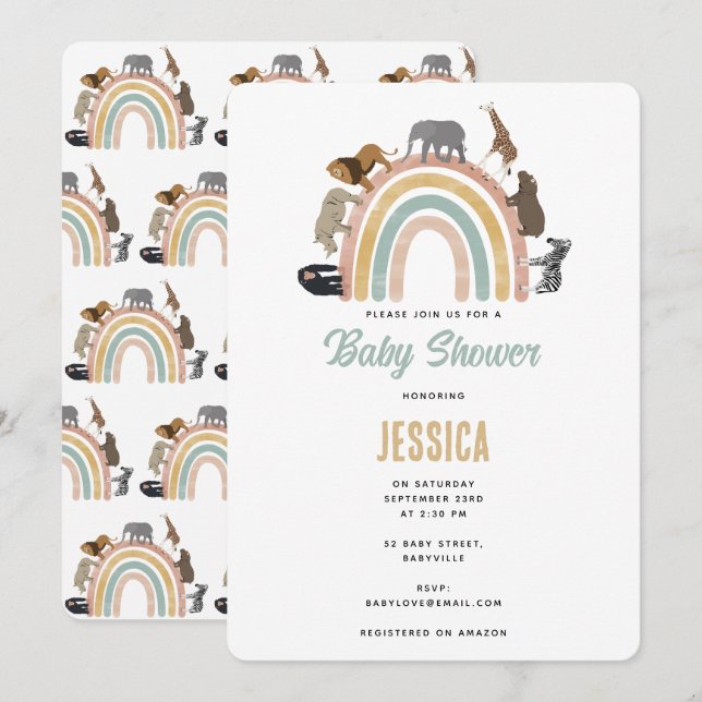 Earthy Färg Rainbow Jungle Animals Baby Shower Inbjudningar (Fram/baksida)