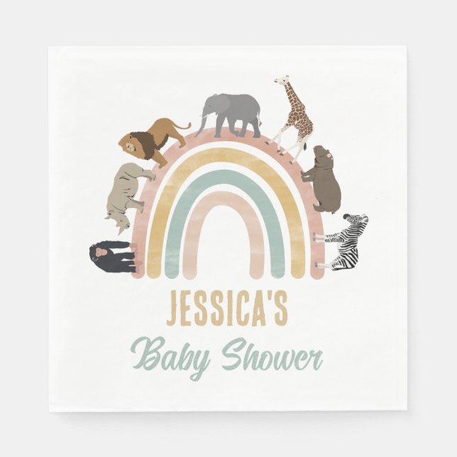 Earthy Färg Rainbow Jungle Animals Baby Shower Pappersservett (Framsidan)