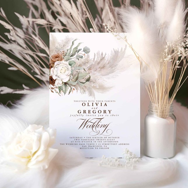 Earthy Flowers och Pampas Grass Bohemian Bröllop Inbjudningar (Boho Greenery Wedding Invitations)