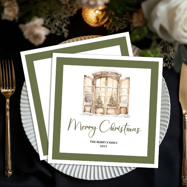 Earthy Green Christmas Door Personalized Napkins Pappersservett (Earthy Green Christmas Door Personalized Napkins)