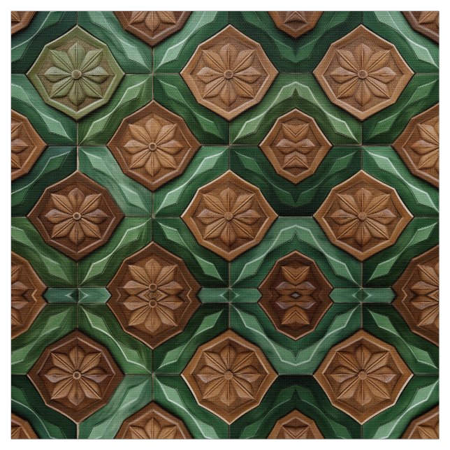 Earthy Grönt och Brown Blommigt Tile Fabric Tyg (Provkarta)