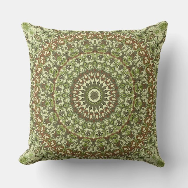Earthy Grönt och Brown Mandala Mönster Design Kudde (Framsida)