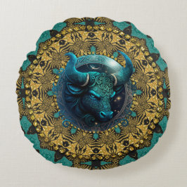 Earthy Guld Teal Tribal Taurus Zodiac Rund Kudde