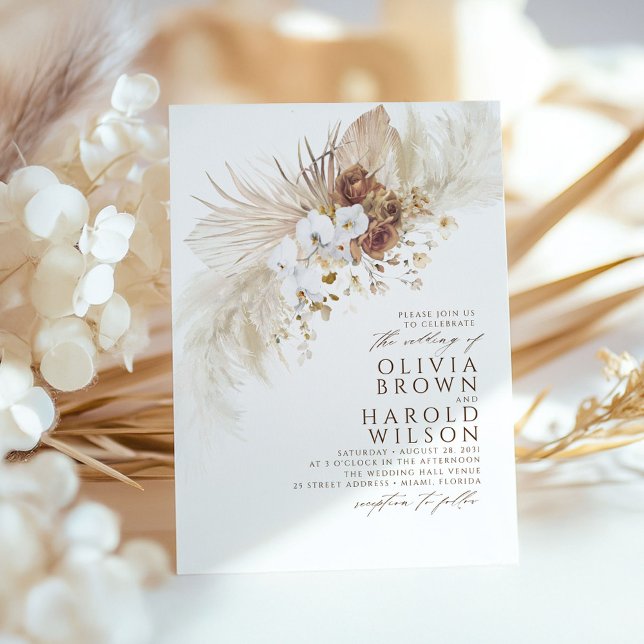 Earthy Hues Flowers Elegant Pampas Grass Bröllop Inbjudningar (Dried Foliage Boho Wedding Invitations)