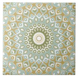 Earthy Mandala i Grönt, Guld och Soft Blue Kakelplatta