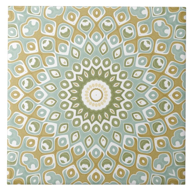 Earthy Mandala i Grönt, Guld och Soft Blue Kakelplatta (Framsidan)