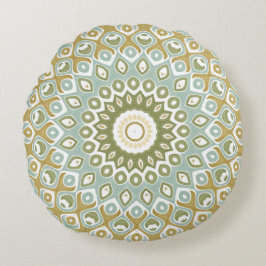 Earthy Mandala i Grönt, Guld och Soft Blue Rund Kudde