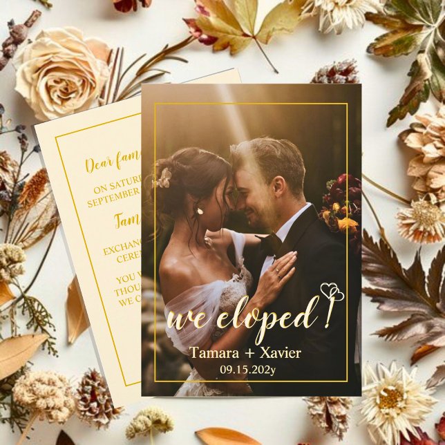 Earthy Mustard Vi Elope Bröllop annons Card Meddelande (Skapare uppladdad)