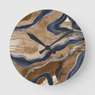 Earthy Navy Blue Marble Agate Silver Glitter 1 Rund Klocka