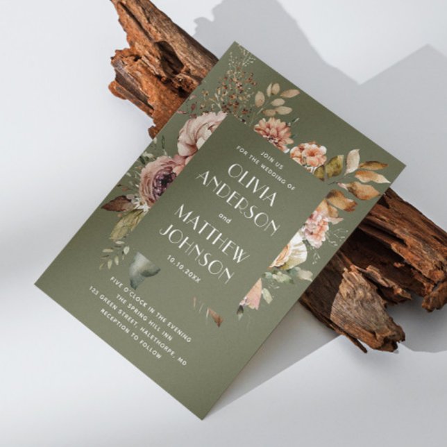 Earthy Oliv grönt Bröllop | Boho-Blommigt QR-kod Inbjudningar (Skapare uppladdad)