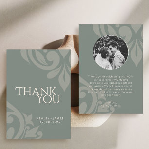 Earthy Olive Classy Elegant Damask Photo Bröllop Tack Kort